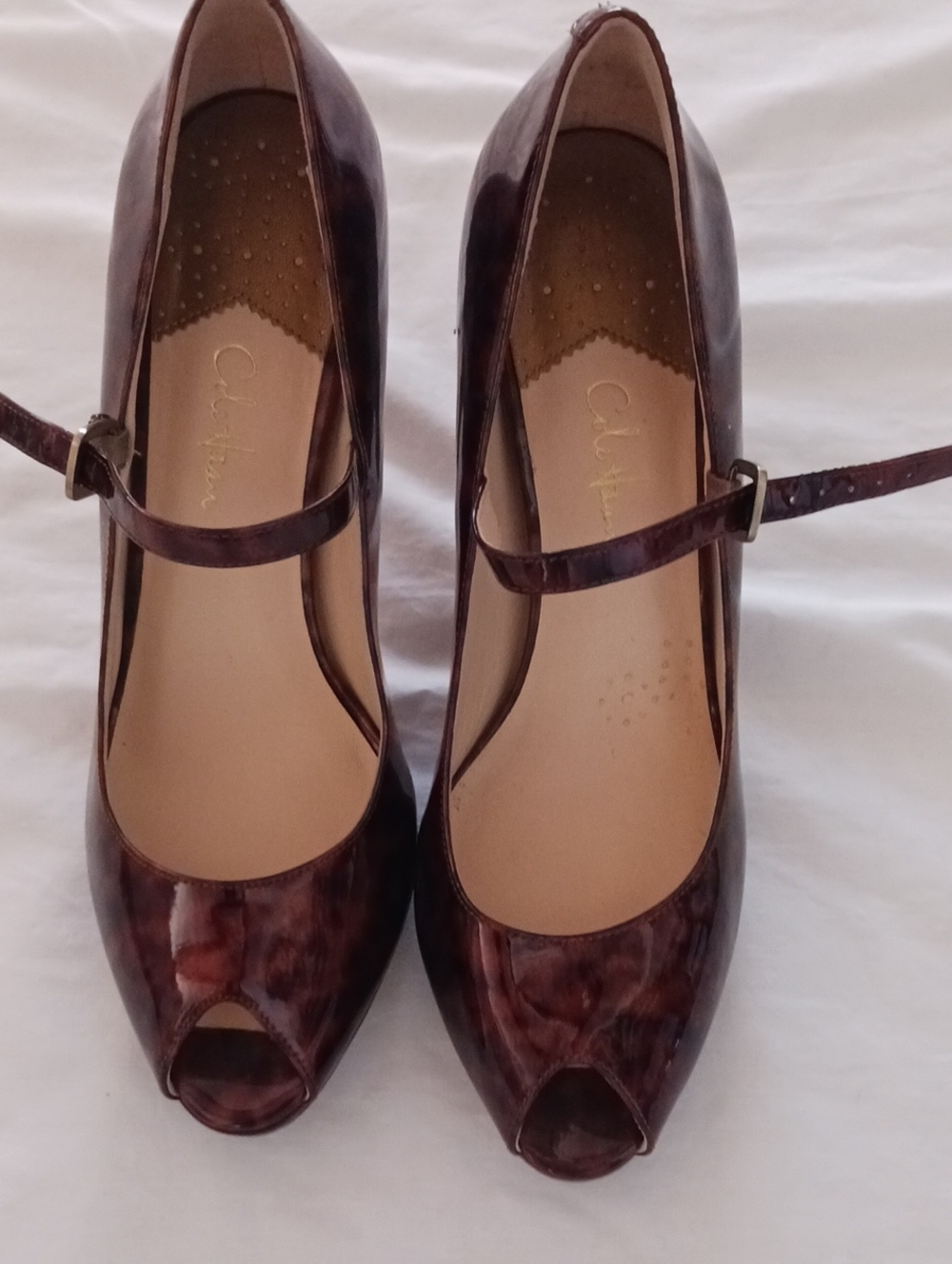 Cole Haan/Nike Air, Leopard Print, Brown Patent Mary Jane Peep-Toe Heels